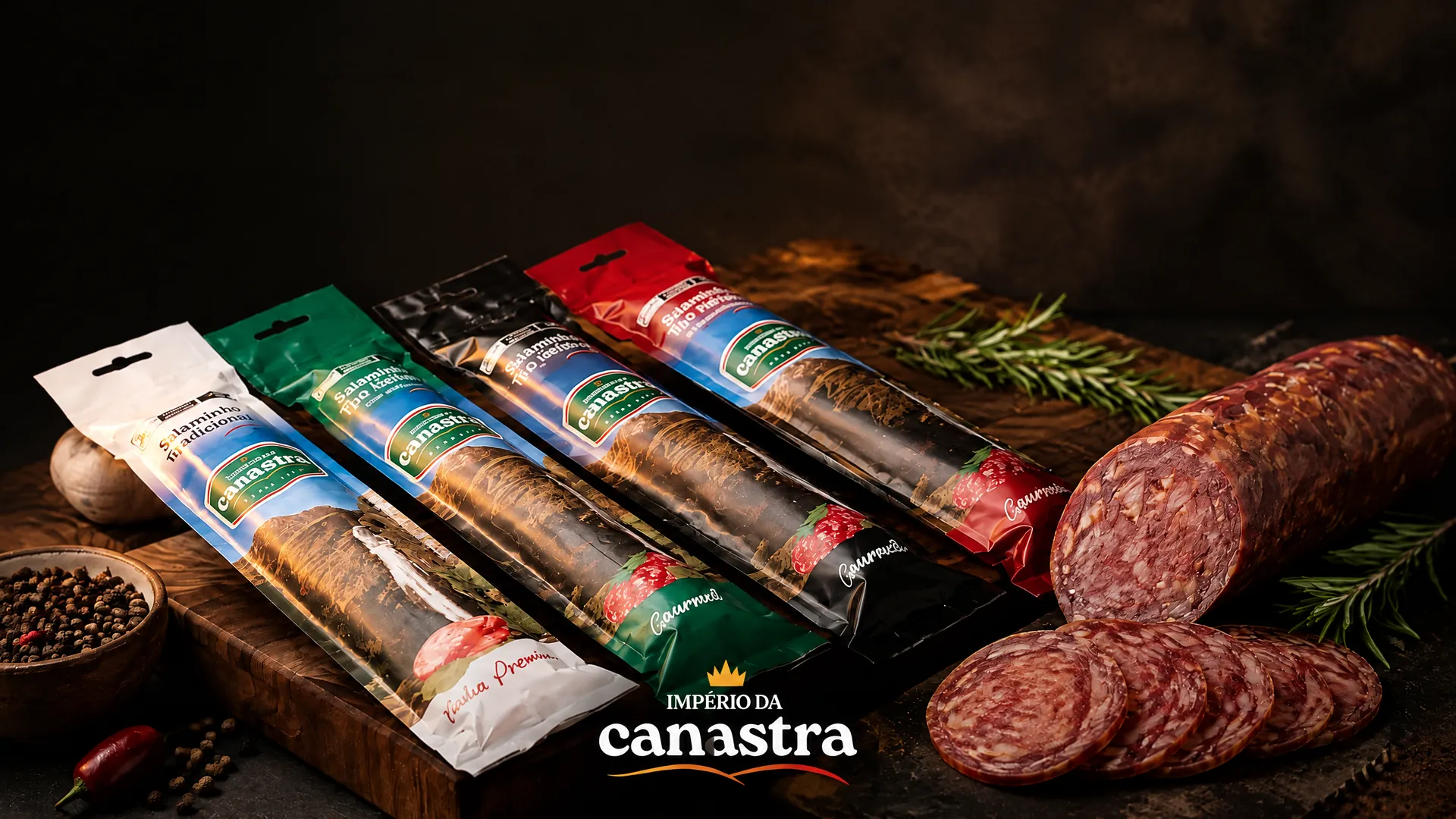Salaminhos Império da Canastra fatiados sobre tábua de madeira